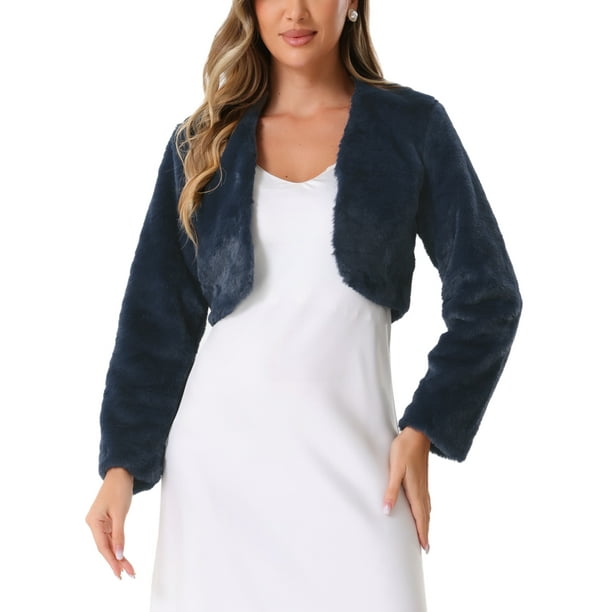 CHAQUETA BOLERO FORMAL CHIC INSPIRADA PARA MUJER, CHAQUETA DE PIEL SINTÉTICA PARA VESTIDO DE NOCHE, AZUL MARINO