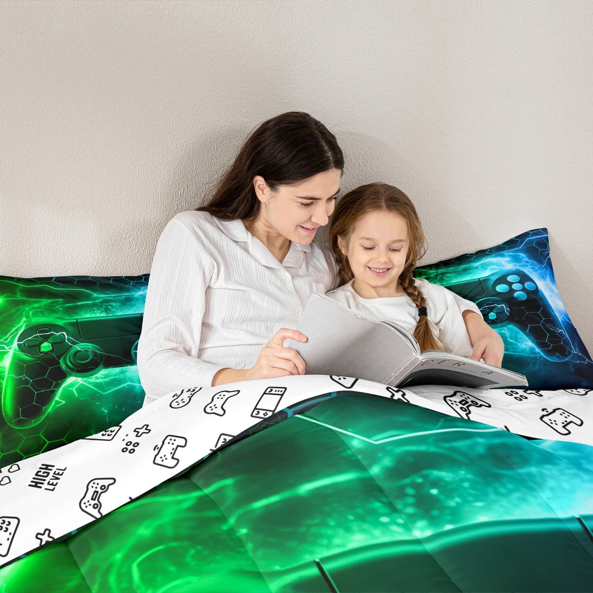 Green Gamer Bedding Set,Honeycomb Gaming Comforter Set Lightning Gamepad Comforter Game Room Decor Duvet Set Decor Quilt Set Bedding Collection
