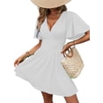 thumbnail image 3 of Women'S Ruched V Neck High Waist Casual Short Sleeve A-Line Dress White XL, 3 of 9