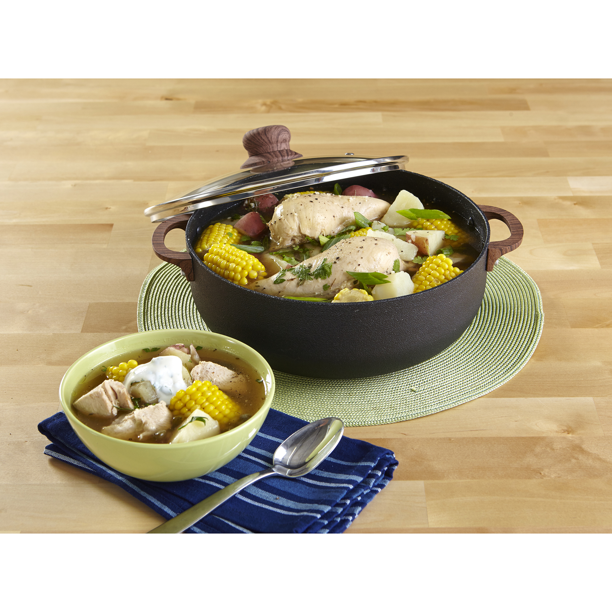 IMUSA 13.5qt Black Stone Aluminum Speckled Nonstick Caldero with Glass Lid & Wood Look Handles, Black