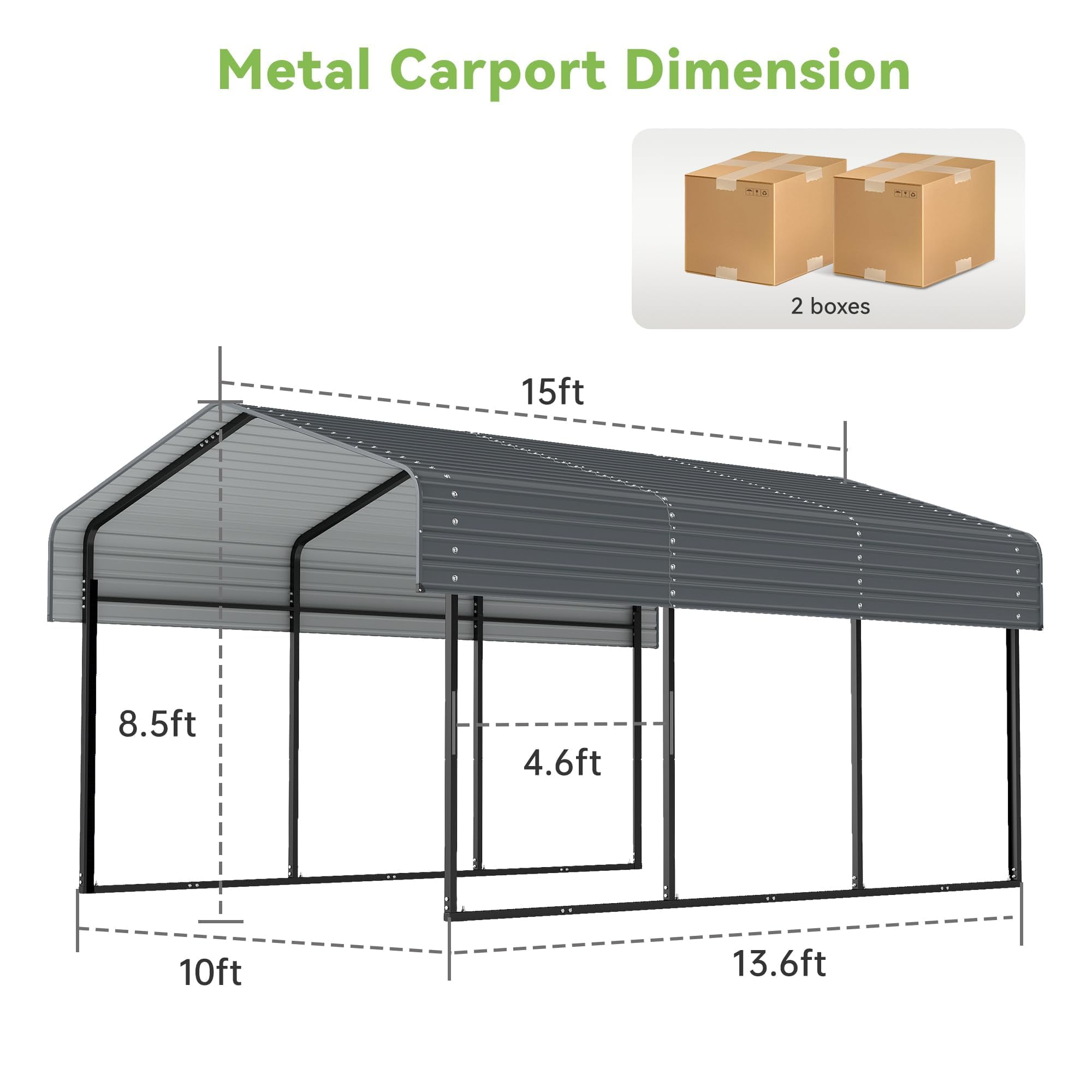 Zolyndo Heavy Duty 10x15FT Metal Carport with Galvanized Steel Roof, Outdoor Car Shelter Garage Canopy for Cars, Trucks, Boats, Dark Gray