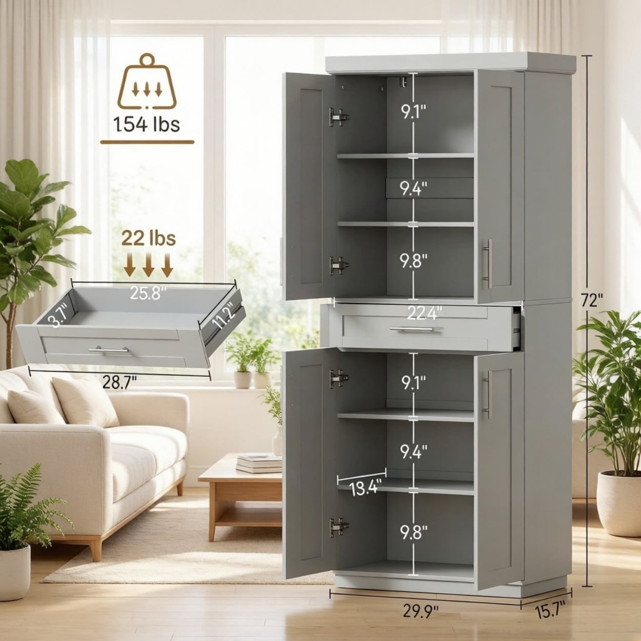 72" Tall Kitchen Pantry Cabinet with Drawer & Adjustable Shelves, Freestanding Storage Cabinet with Doors, Modern Farmhouse Cupboard Organizer for Kitchen Dining Room Living Room, Gray