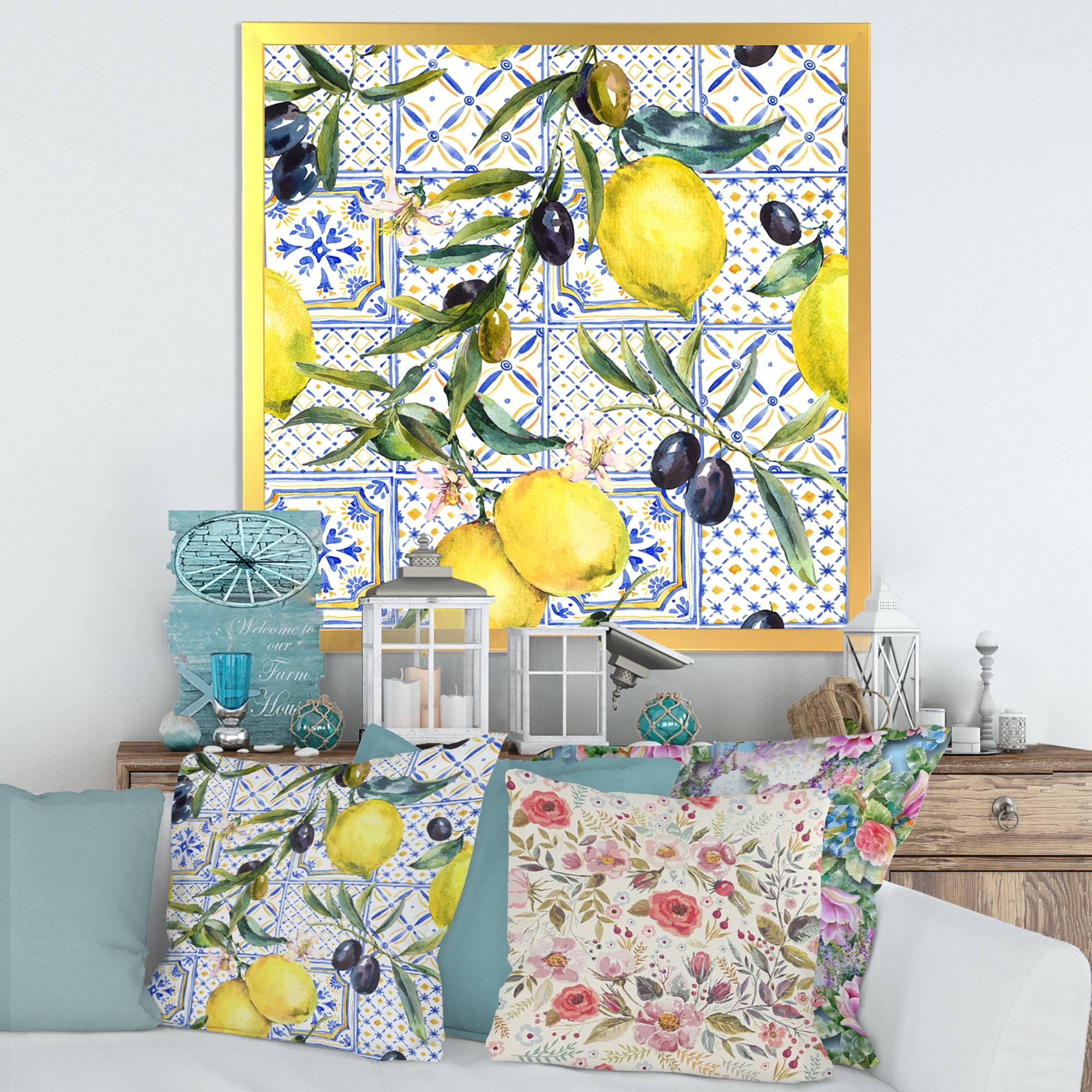 Designart 'Geometrical Pattern of Lemon Ornament On Blue III' Tropical Framed Art Print