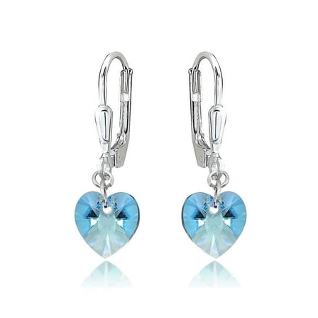 Sterling Silver Light Blue Dainty Heart Dangle Leverback Earrings Made with Swarovski Crystals