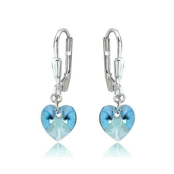 Sterling Silver Light Blue Dainty Heart Dangle Leverback Earrings Made with Swarovski Crystals
