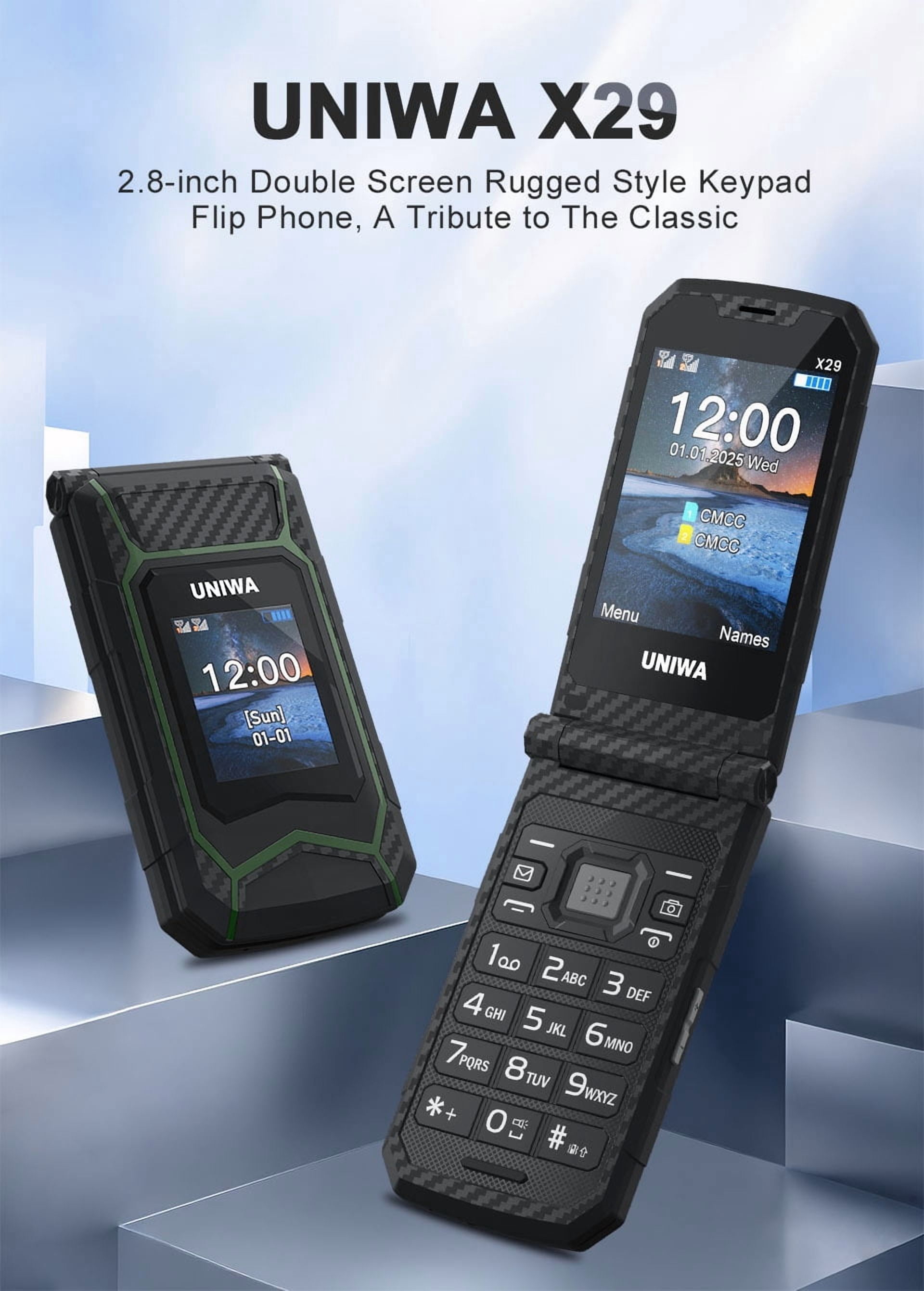 UNIWA X29 Rugged Flip GSM Cellphone 2.8" +1.77" Dual Screen Mobile Phone Big Push-Button Telephone for Elderly (Green)