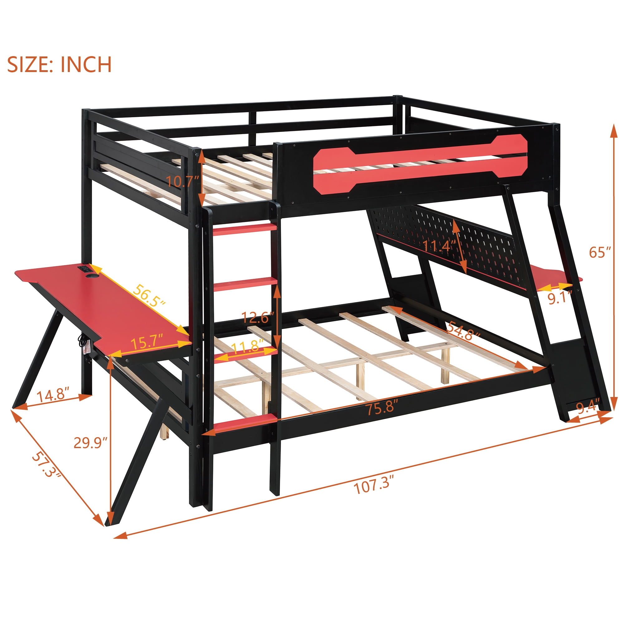 Aukfa Full over Full Bunk Bed with Built-In Desks, USB Charging Ports & Pegboard Organizer, Wood E-Sports Gaming Bed Frame for Kids/Teens, Red
