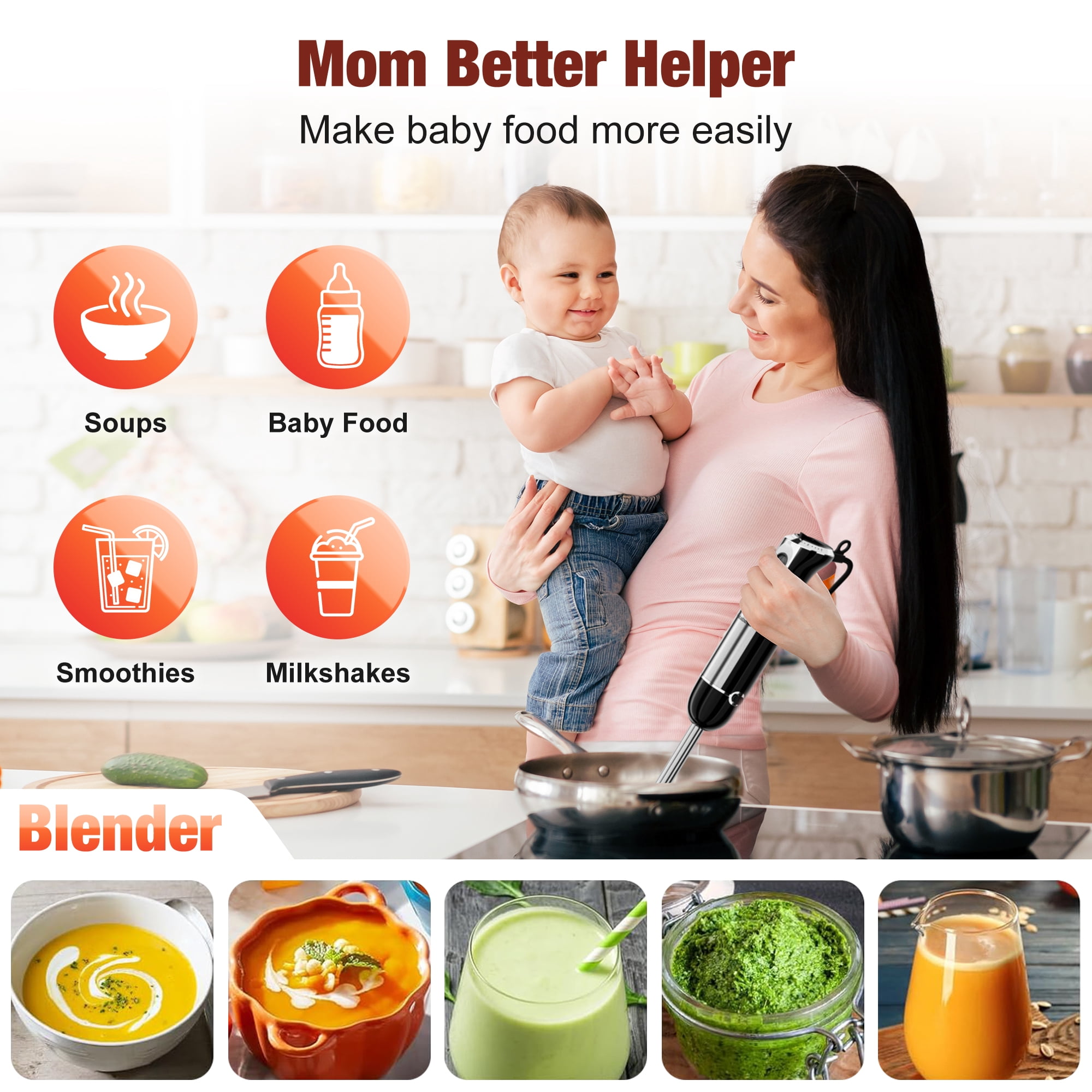 Immersion Blender, 1100W Immersion Blender Handheld with 21 Speeds & Turbo Boost – 3-in-1 Hand Blender for Purees, Baby Food, Milkshakes, Soups & Smoothies