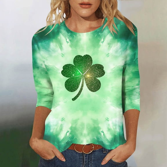 Ounisa St Patty's Day Shirt Women 2025 Casual Plus Size 3/4 Sleeve Irish Clover Shirts Funny Saint Patrick's Tunic Tops