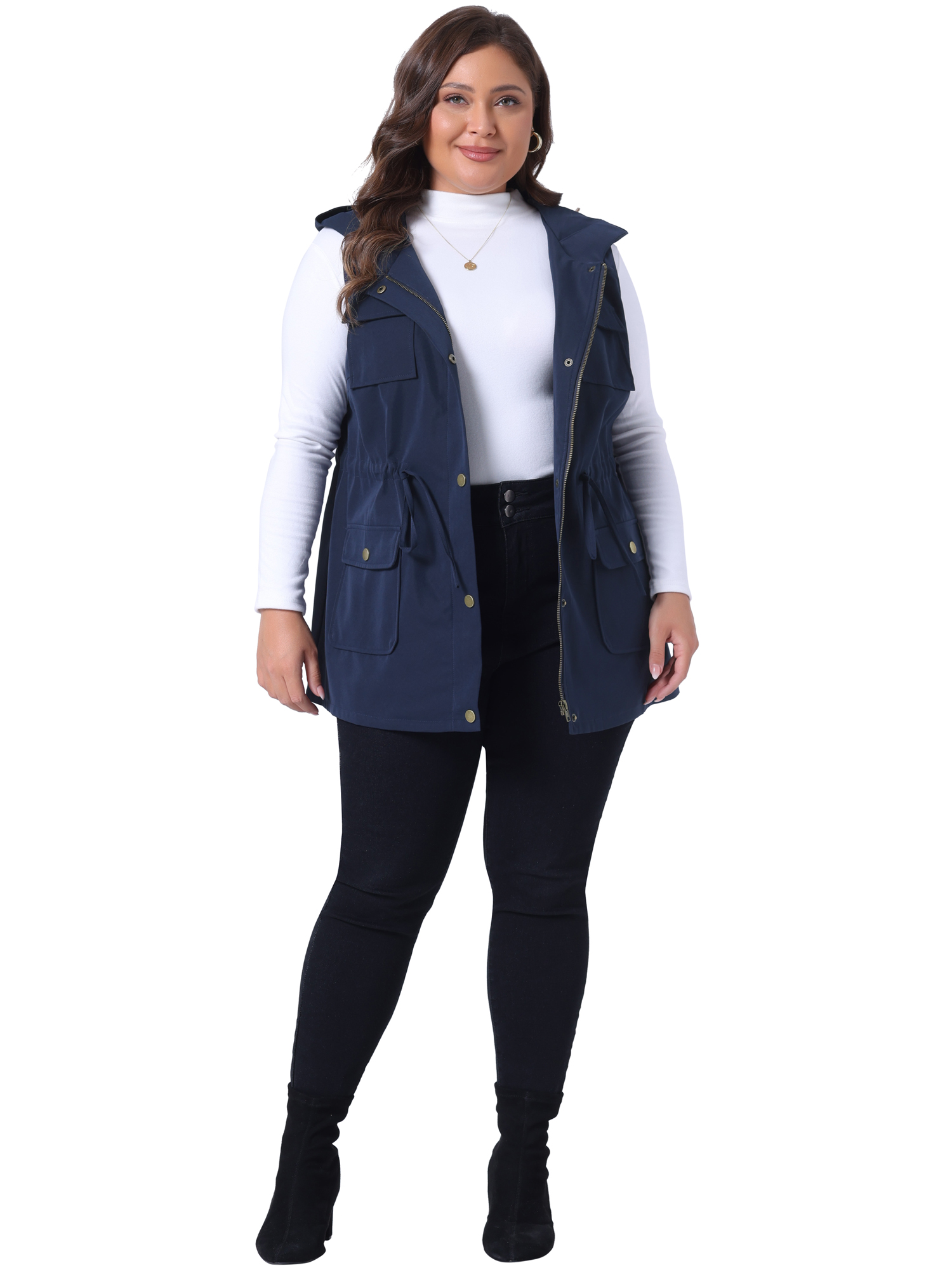 DARING DIVA Women's Plus Size Vest Sleeveless Anorak Cargo Drawstring Jacket 2X Navy Blue
