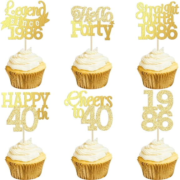 Brand 12Pcs Glitter Gold 40th Birthday Cupcake Toppers, Legend Since 1986/Hello Forty/Cheers to 40 Cupcake Picks for 40th Birthday Party Decorations