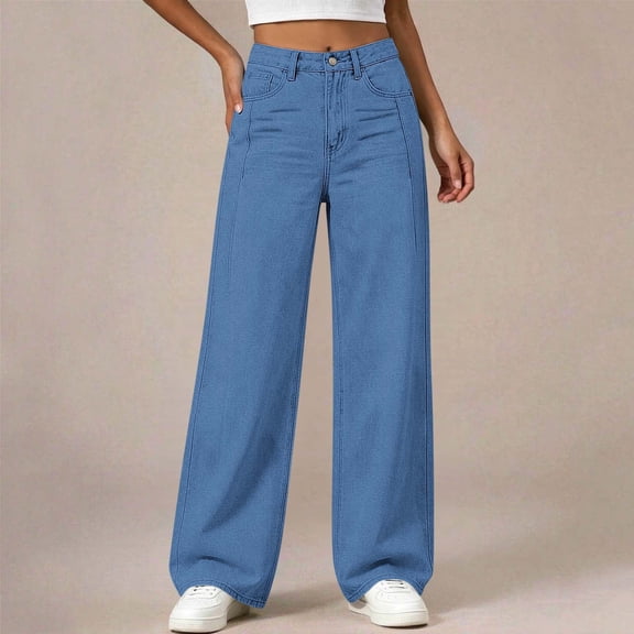 Mifsaly Womens Baggy Wide Leg Pants High Waisted Casual Trousers with Pockets Relaxed Fit Straight Bottom Everyday Streetwear Y2K Fashion Apparel Blue,13-14 Years