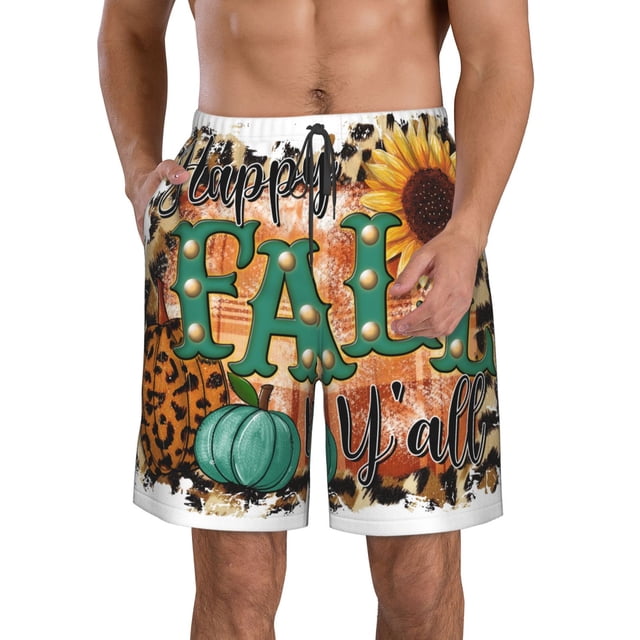 Wukai Happy Fall Y'All Print Beach Trunks with Compression Liner Swimsuit Quick Dry Beach Sports Shorts with Pocket-XX-Large