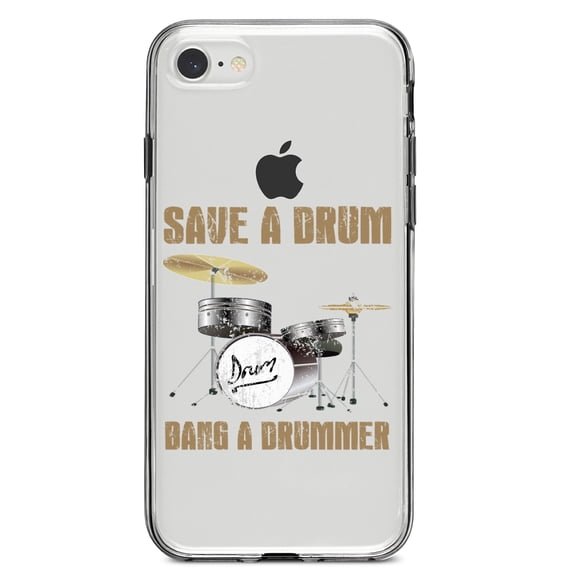 DistinctInk Clear Shockproof Hybrid Case for iPhone 7 8 SE (2020 Model) 4.7" Screen TPU Bumper Acrylic Back Tempered Glass Screen Protector - Save a Drum, Bang a Drummer