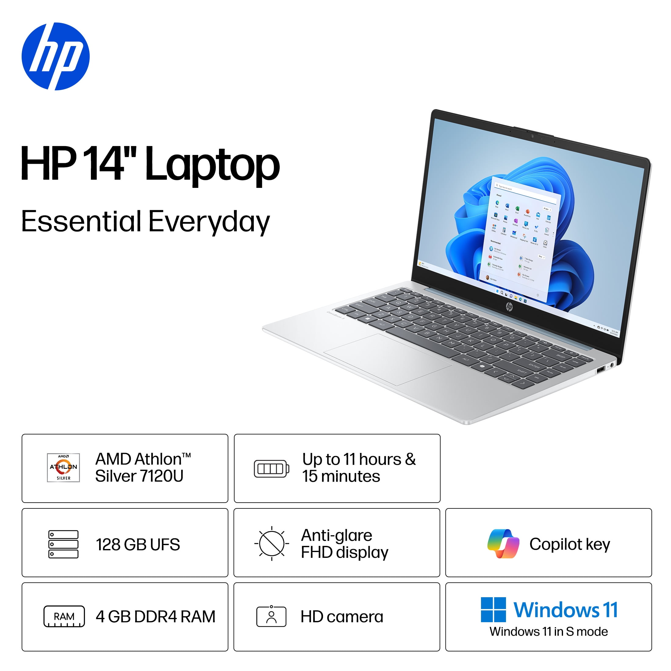 HP 14 inch HD Windows Laptop AMD Athlon 7120 4GB RAM 128GB UFS Moonlight  Blue - Walmart Business Supplies