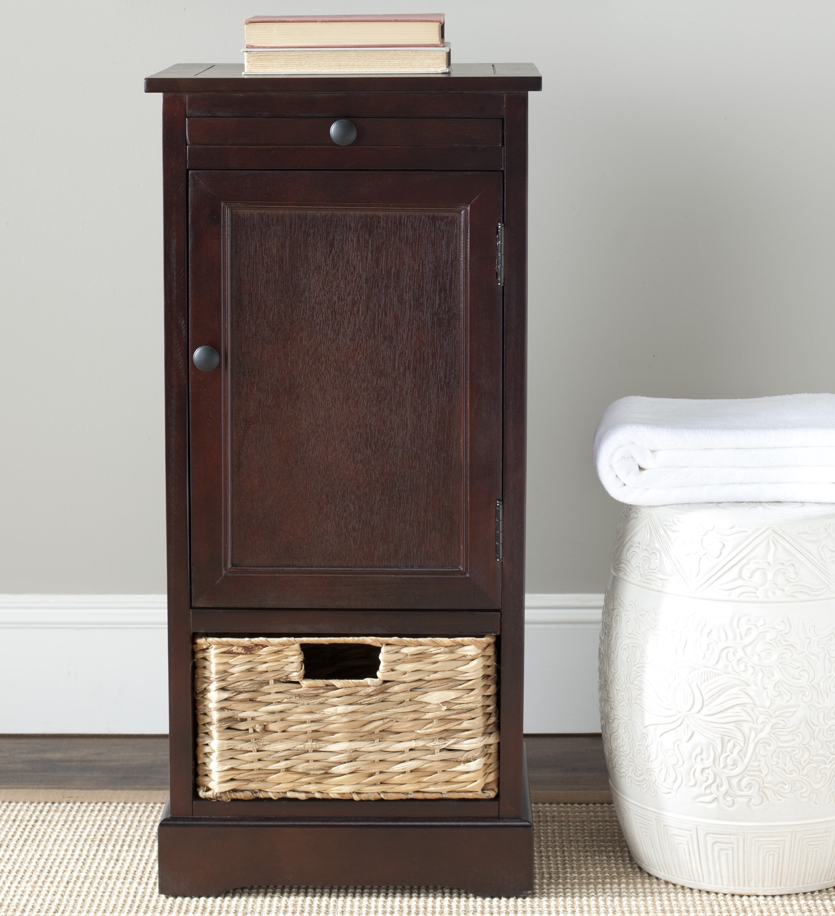 SAFAVIEH Raven Solid Tall Storage Unit with Pullout Table and Basket, Dark Cherry