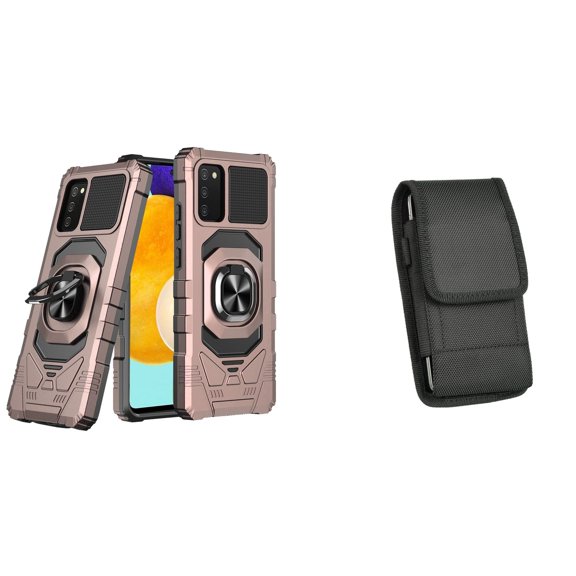 Case with Belt Holster Bundle for Samsung Galaxy A03s: Heavy Duty Series Protection Cover (Rose Gold) and Vertical Nylon Phone Pouch