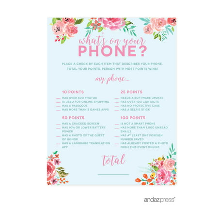 Wedding Pink Roses English Tea Party, 20-pack What's on Your Phone? Bridal Shower Game Cards, (Best Phone App Games)