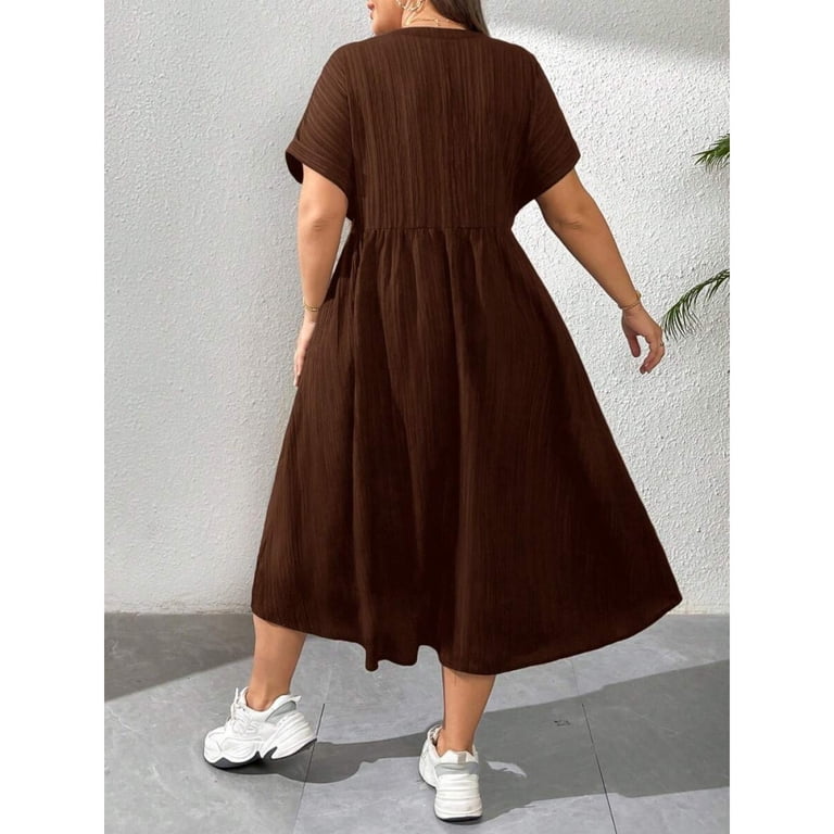 Brown V-Neck Short Sleeve Midi Dress With Button Front And Exterior Pocket For Women