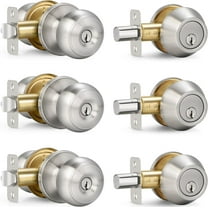 3 Sets Entry Door Knob and Single Cylinder Deadbolt Combo Set, Keyed Alike Round Ball Satin Nickel Exterior Door Knobs with Lock and Keys for Entrance and Front Door
