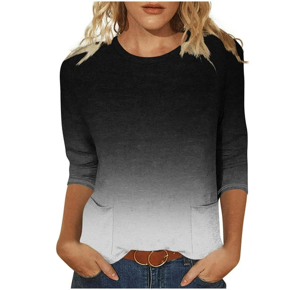 DeHolifer Women's Tops Summer Trendy 3/4 Sleeve Gradient Color Crewneck Lightweight Tee T-Shirts with Pocket Black 2XL