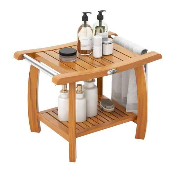 Gymax Teak Wood Shower Bench 2-Tier Wooden Shower Stool w/ Curved Seat Handles Large
