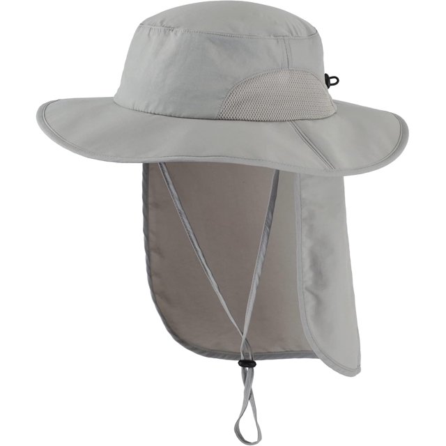 czcpp-UPF50+ Mens Sun Hat with Neck Flap Wide Brim Mesh Fishing Hat Windproof Safari Hat Light Grey