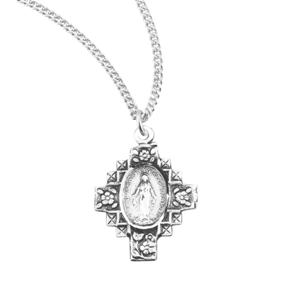 Sterling Silver Flowered Cross Miraculous Medal, Blessed Mother Mary, Double-Sided Pendant Necklace, 18" Rhodium Plated Stainless Steel Chain, Gift Box Included