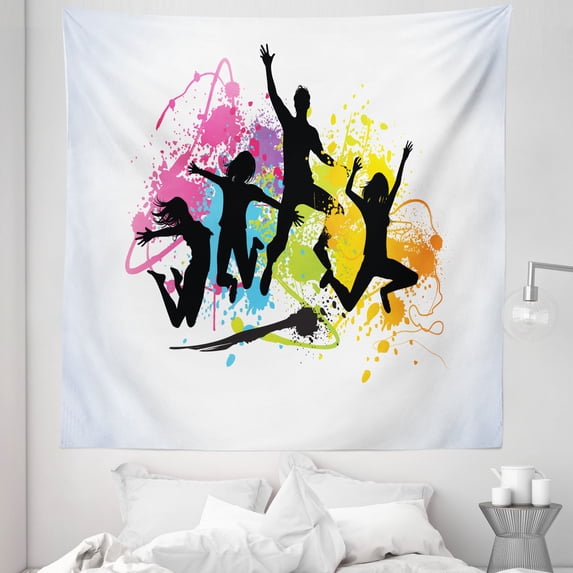 Youth Tapestry, Jumping People Set Against Elements Teenagers Having Fun Energy Activity, Fabric Wall Hanging Decor for Bedroom Living Room Dorm, 5 Sizes, Multicolor, by Ambesonne