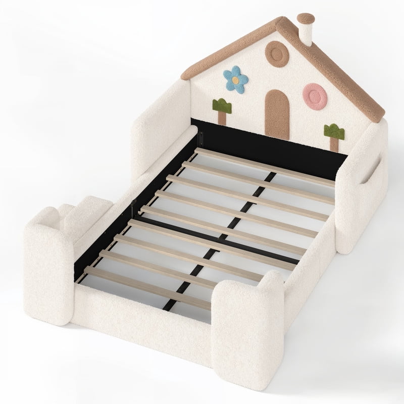 Full Size Kids Floor Bed with House Shaped Headboard, Upholstered Teddy Fabric Child Storage Platform Bed Frame with Pocket