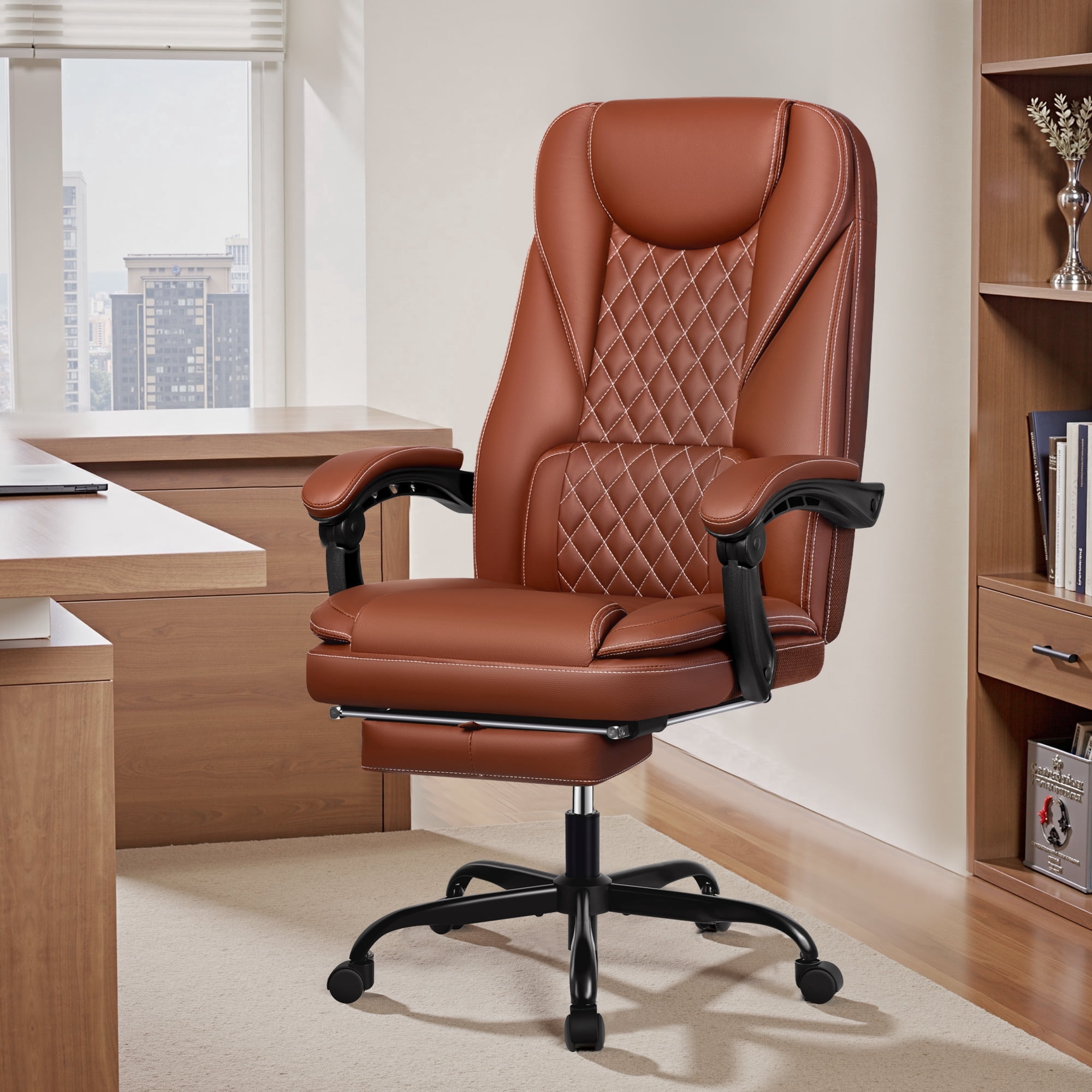 Primy Premium Executive Office Chair - Big & Tall PU Leather Reclining Chair with Footrest & Lumbar Support, 400lb Heavy Duty Ergonomic Computer Desk Chair for Home/Office, Brown