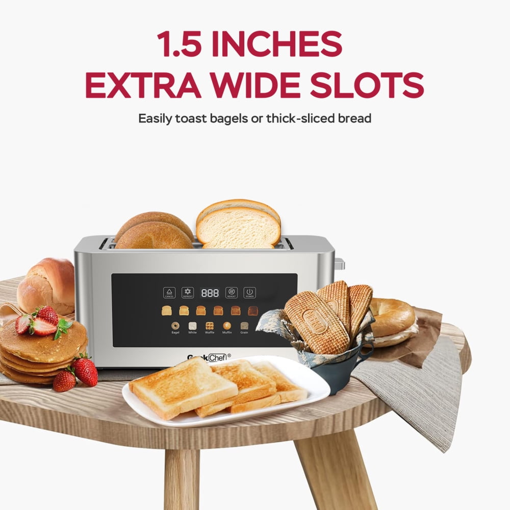 4-Slice Toaster with Extra-Wide Entrance - Stainless Steel Surface, LED Display Touch Panel, Automatic Shut-Off & Anti-Jam, Easy Clean & Cord Storage for Family