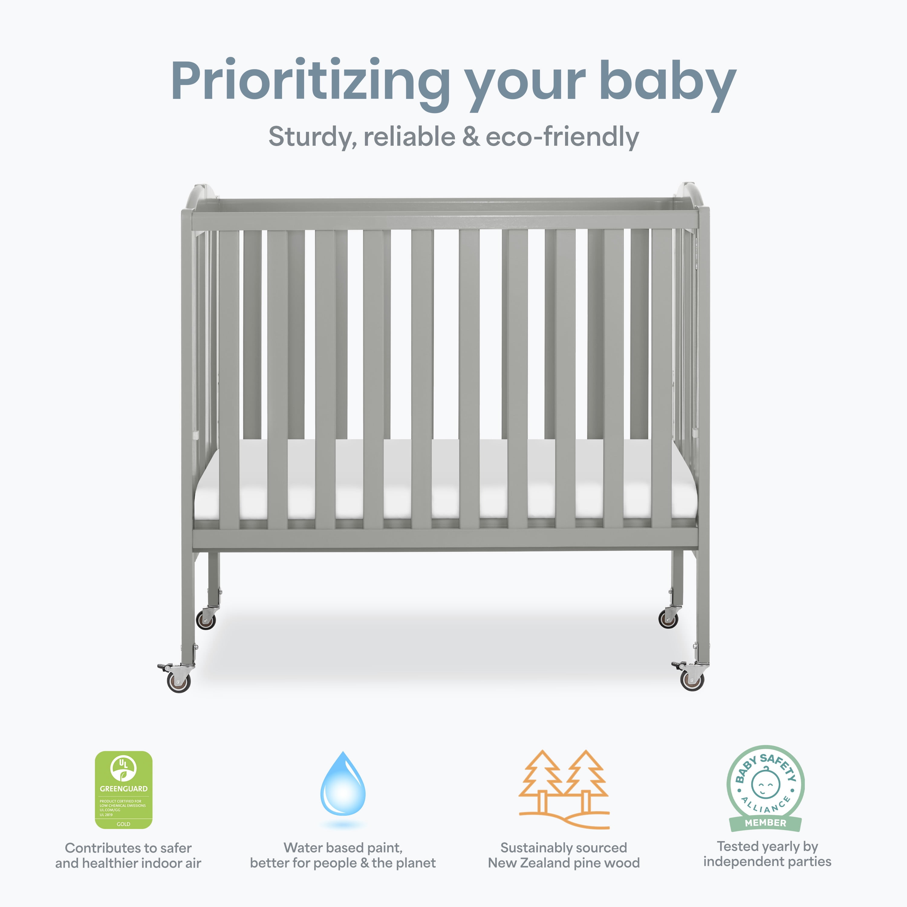 Dream On Me 2‑in‑1 Folding Portable Mini Crib for Babies – Compact Size, Mattress Pad Included,Cool Grey
