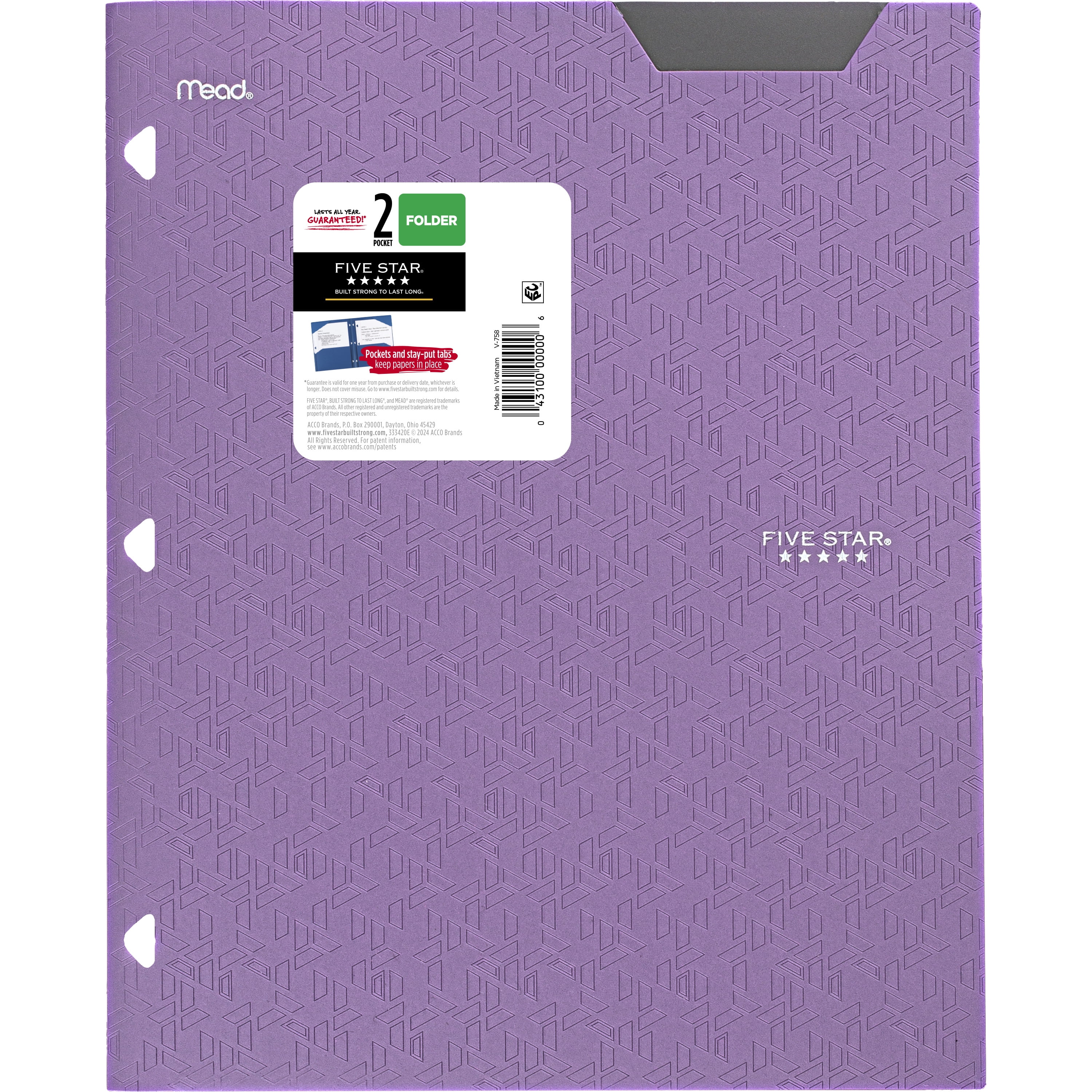 Five Star 2-Pocket Stay-Put Plastic Folder, Amethyst Purple