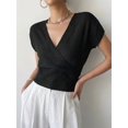 thumbnail image 5 of Gynyvoja Women'S V-Neck Wrap Front Ribbed Knit Short Sleeve Fitted Cropped Sweater Tos Black S, 5 of 7