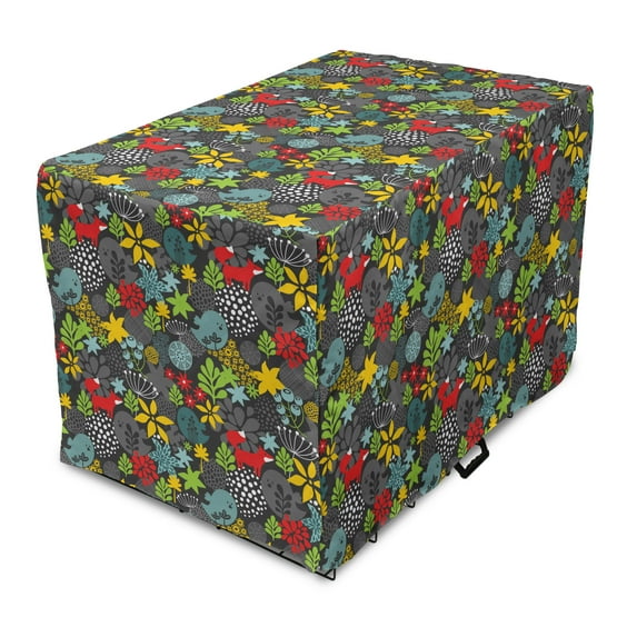 Autumn Dog Crate Cover, Fox Forest Friends Leaves Dotted Art Floral, Easy to Use Pet Kennel Cover Small Dogs Puppies Kittens, 7 Sizes, Multicolor, by Ambesonne