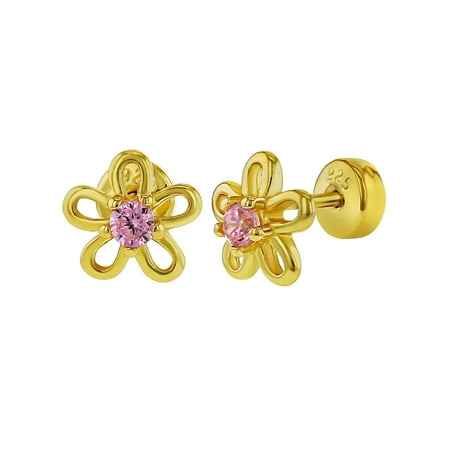 925 Sterling Silver Pink CZ Push Back Safety Little Flower Earrings for Girls