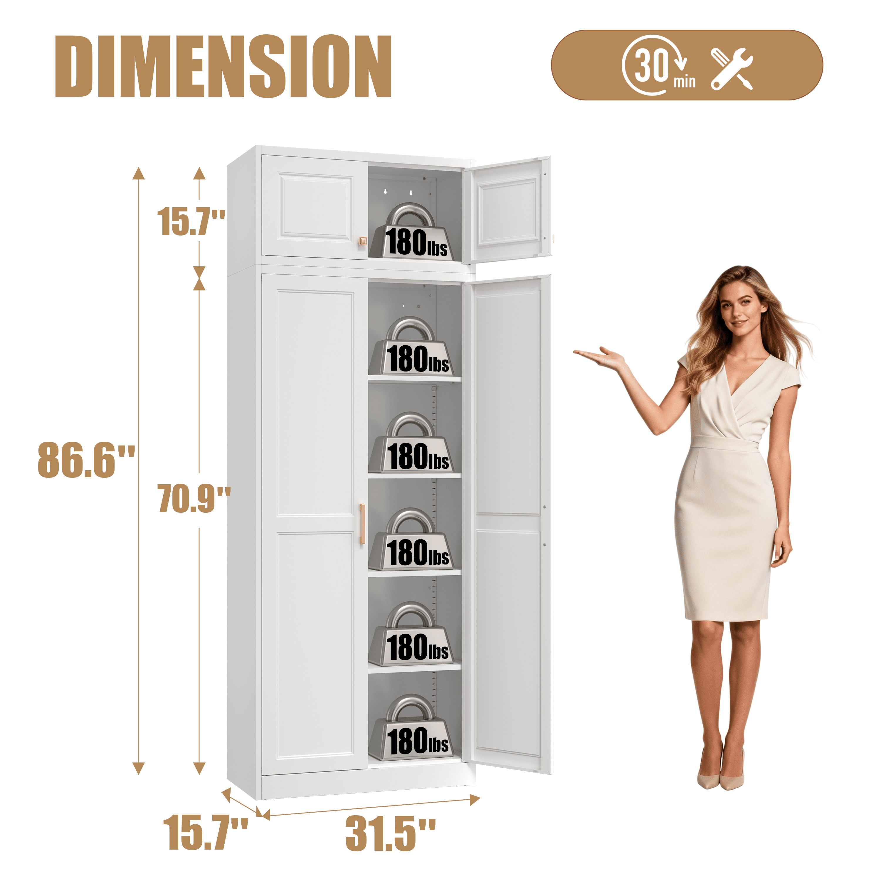 Polup 86" Height Modern Metal Pantry Storage Cabinet with Doors and Adjustable Shelves White for Living Room Kitchen and Home