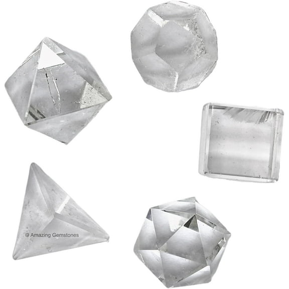 Clear Quartz Platonic Solids Crystals - Set of 5 Sacred Geometry and Healing Stones 