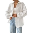 thumbnail image 2 of Womens Oversized Button Down Shirts Textured Collared Long Sleeve Shacket Casual Fall Blouses Tops White S, 2 of 9