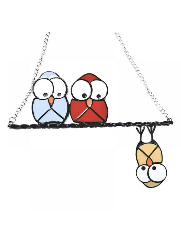 Wuffmeow Three Birds Nerdy Owl Metal Drip Glue Stained Glass Window Hanging Ornaments for Mother's Day Gifts Kid's Gift