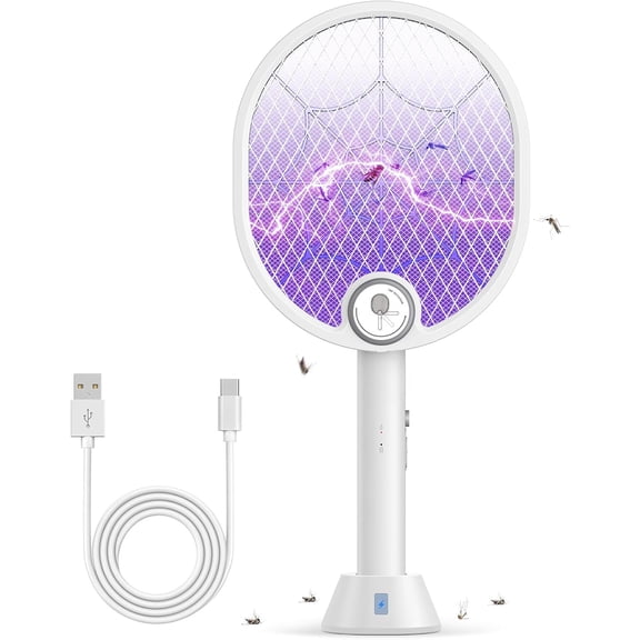 Electric Fly Swatter, Type-C Rechargeable Bug Zapper Racket with Charging Base, Foldable Bug Zapper for Indoor and Outdoor, Mosquito Swatter with Blue-Purple Working Light