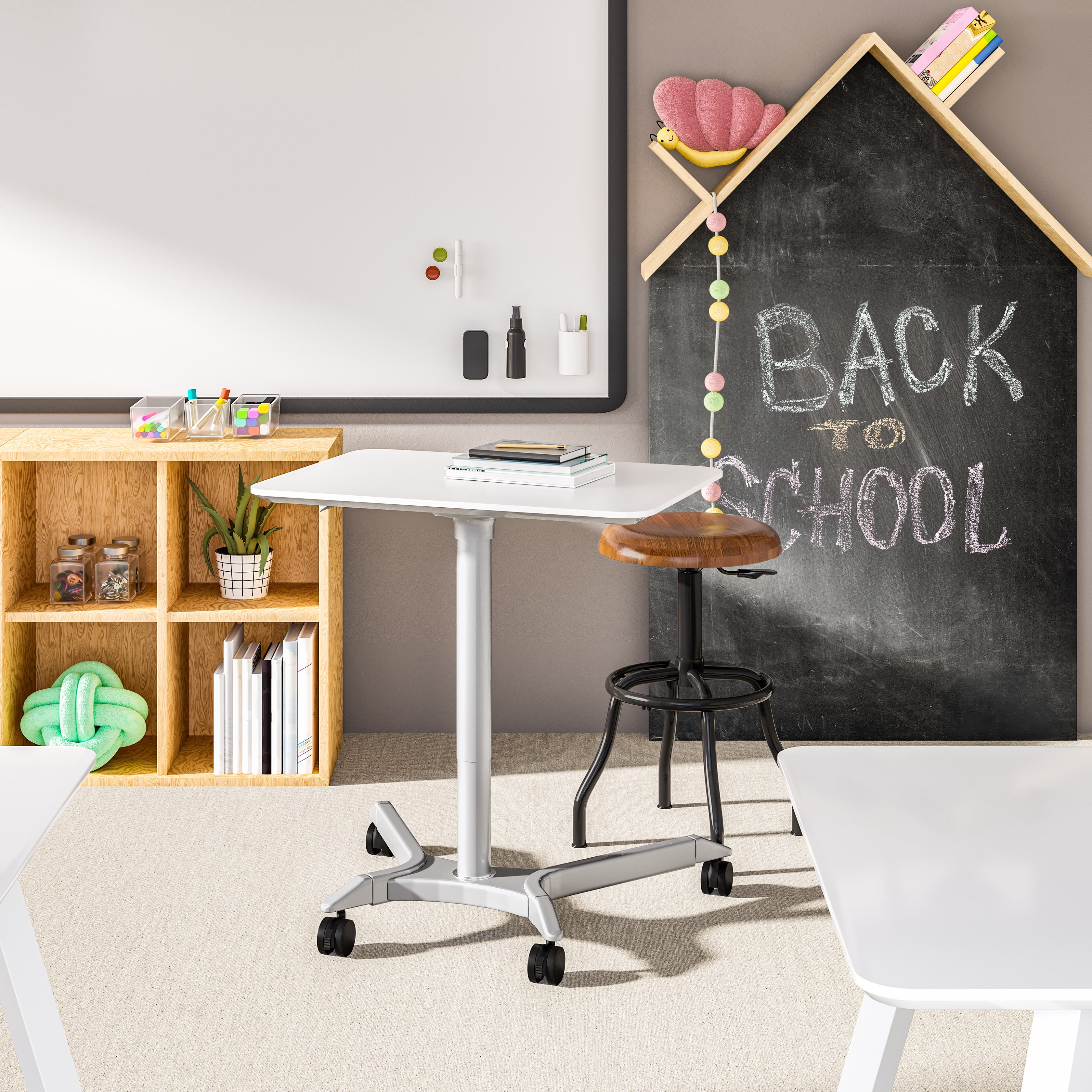 Seville Classics Air Lift Sit-Stand Rolling Height Adjustable Pneumatic Mobile Desk Cart with Wheels, White