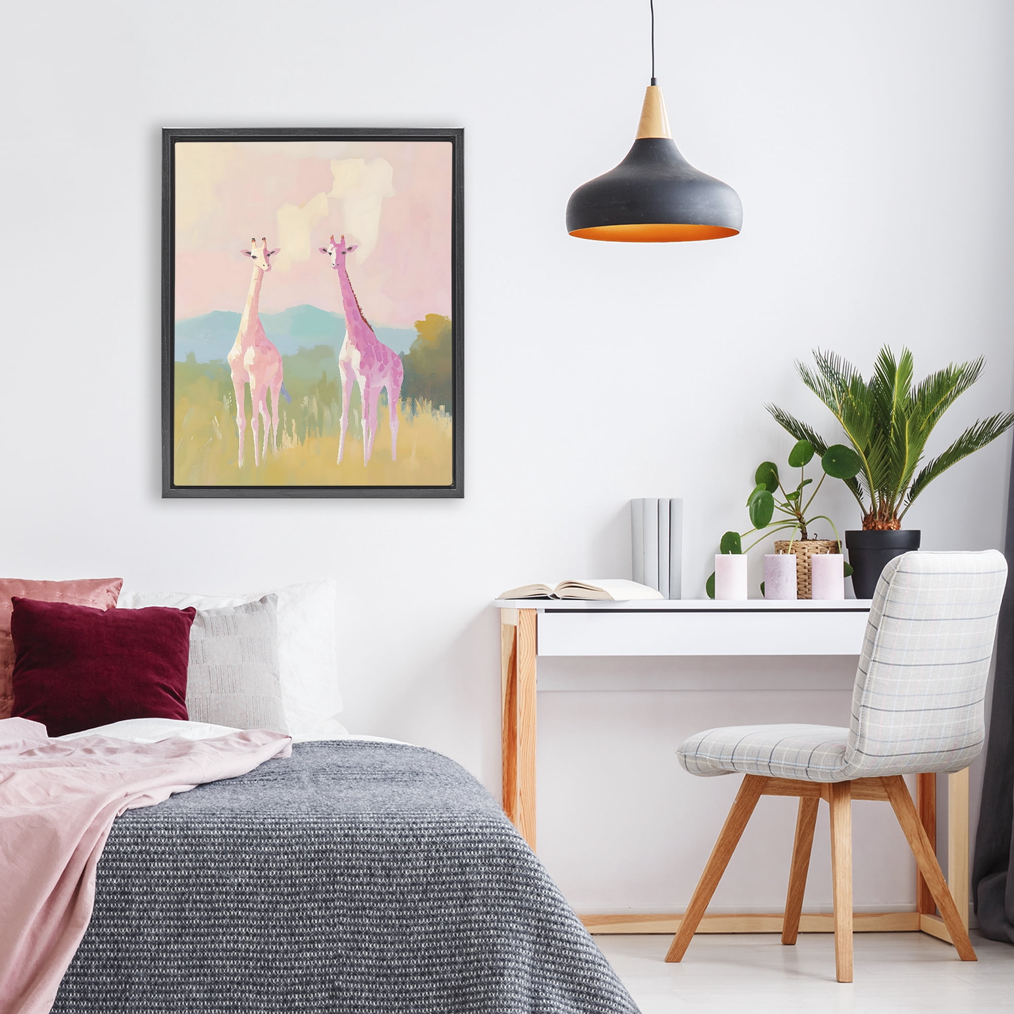 Stupell Industries Pink Giraffes on Savanna Black Framed Floater Canvas Wall Art, design by The Prints Vibe