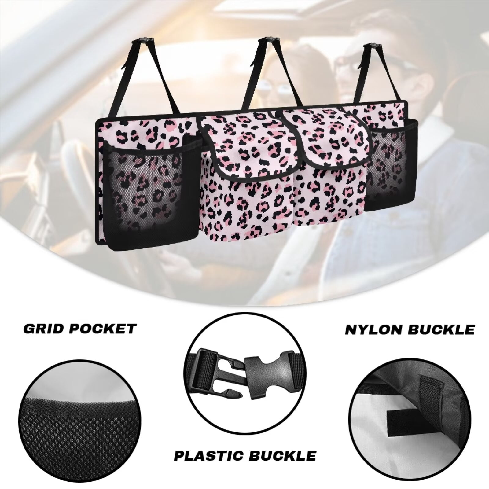 KUIFORTI Trunk Organizer for Car, SUV, Sedan, Van, Truck, Pink Leopard Print Car Organizer Novelty Automotive Accessories 37.01"*11.8" Car Basket Organizer with Adjustable Straps