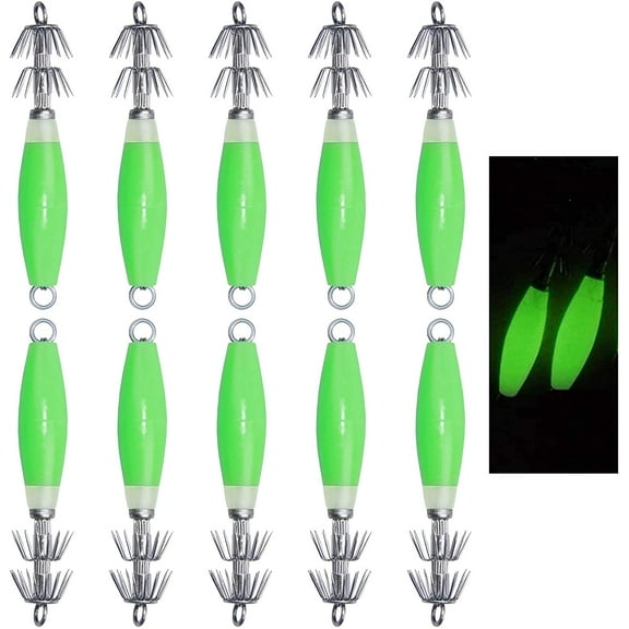 OROOTL Luminous Squid Fishing Jig Hooks, 10pcs Glow Squid Hooks Saltwater Fishing Bait Lure Hook Squid Jig Baits with Tackle Box