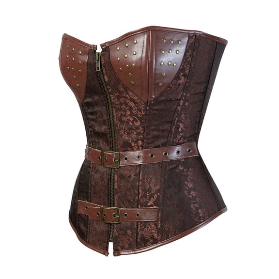 Women Steampunk Faux Leather Zip Carnival Party Bustiers Corset Top Brown S