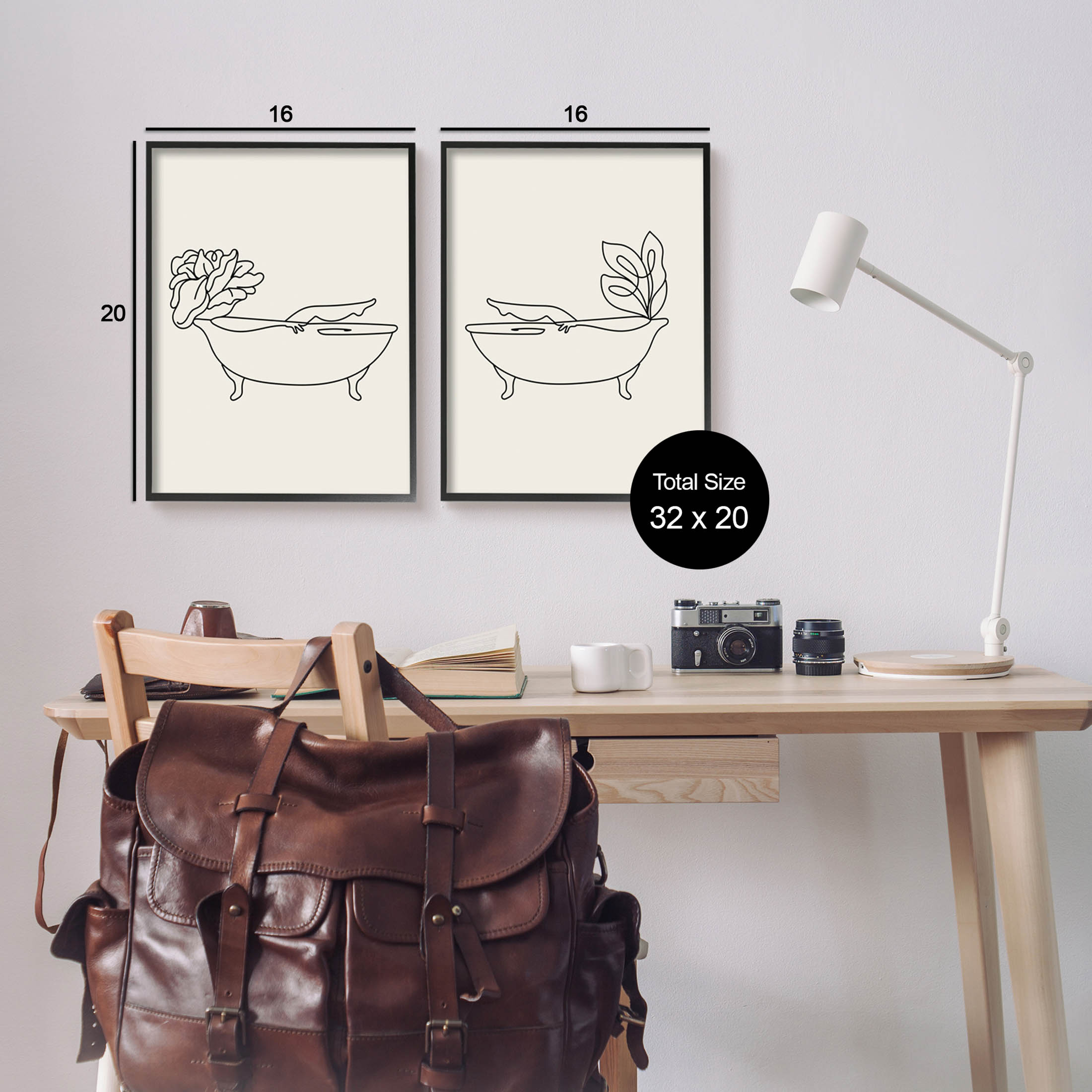 Floral Bathtub Relaxing Doodle Botanical & Floral Graphic Art Black Framed Art Print Wall Art, Set of 2