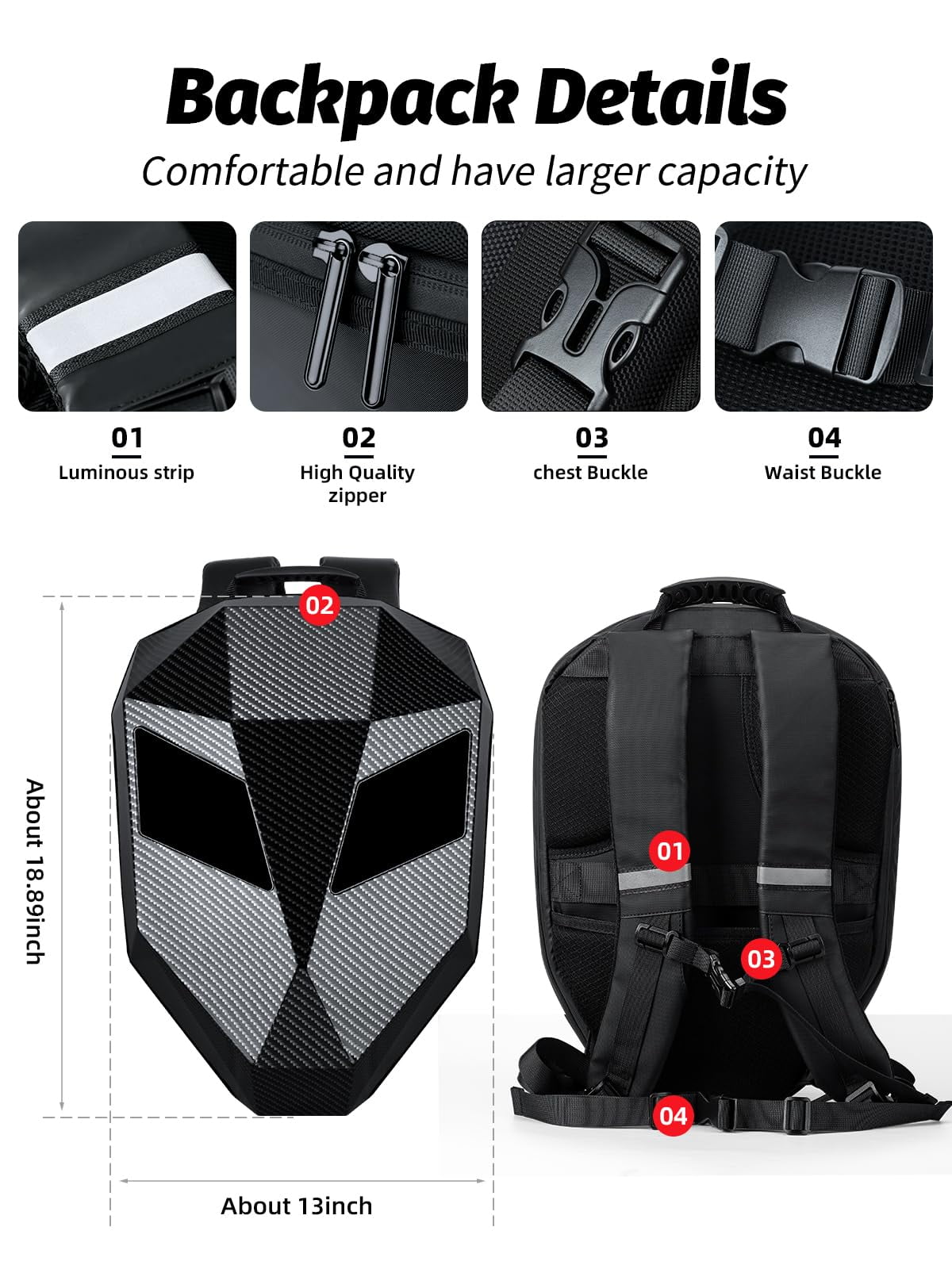 Gelrova Knight LED Motorcycle Backpack, Water-Resistant Scooter Bag, Laptop Backpack for Riding, Cycling, Travel, Large 19 Inch