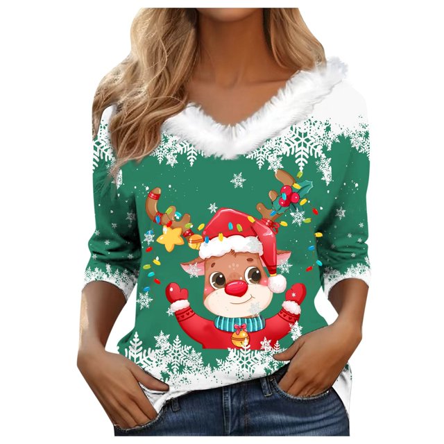 WEAIXIMIUNG T-Shirt à Manches Longues Imprimé de Noël pour Femmes Automne Hiver Mode Décontractée Col en V